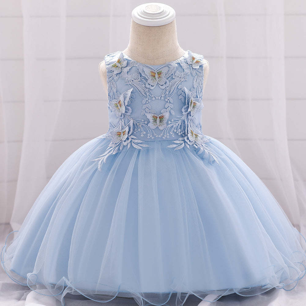Baby Girl Butterfly Patched Graphic Sleeveless Western Style Baptism Birthday Dress