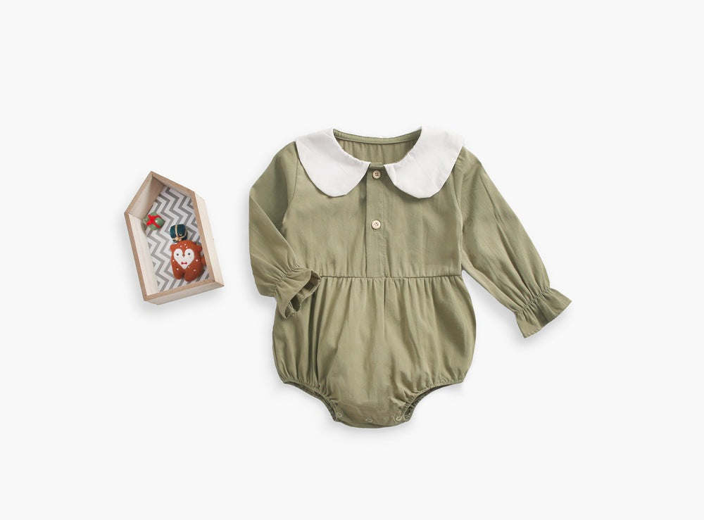 Baby Girl Doll Collar Design Solid Color Long Sleeve Onesies With Buttons