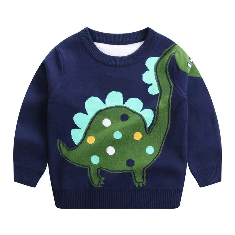 Baby Boy Cartoon Dinosaur Embroidered Pattern Knitted Warm Sweater