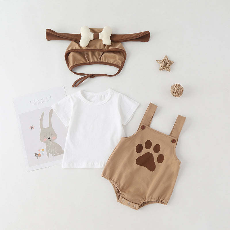 Baby Kids Puppy Print Pattern Short Sleeves With Straps Onesies In Set With Hat Of Puppy Shape