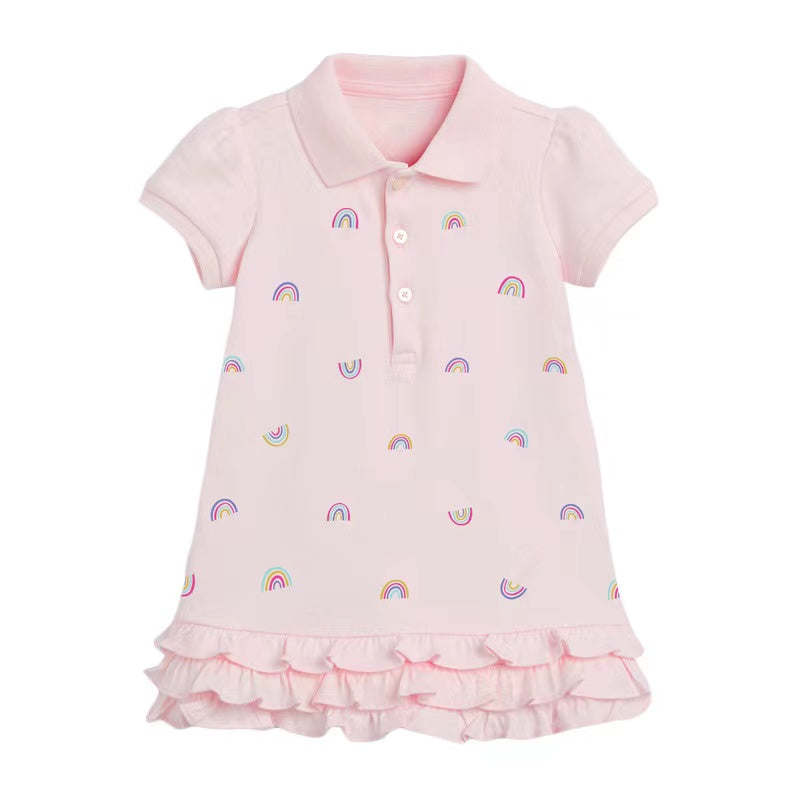 Kids Pink Rainbow Pattern Patchwork Ruffles Design Dress