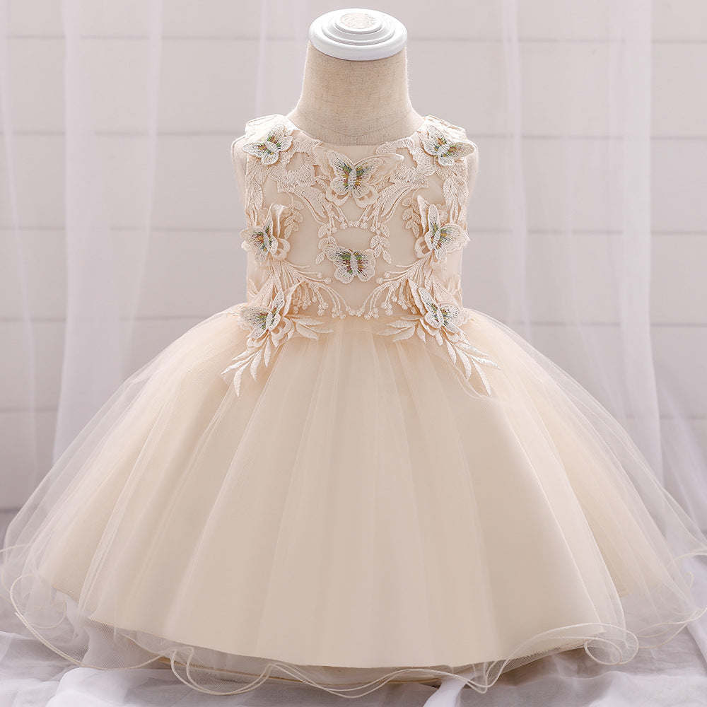 Baby Girl Butterfly Patched Graphic Sleeveless Western Style Baptism Birthday Dress