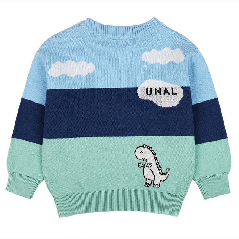 Baby Boy Little Dinosaur Graphic Colorblock Design Long Sleeves Knit Sweater