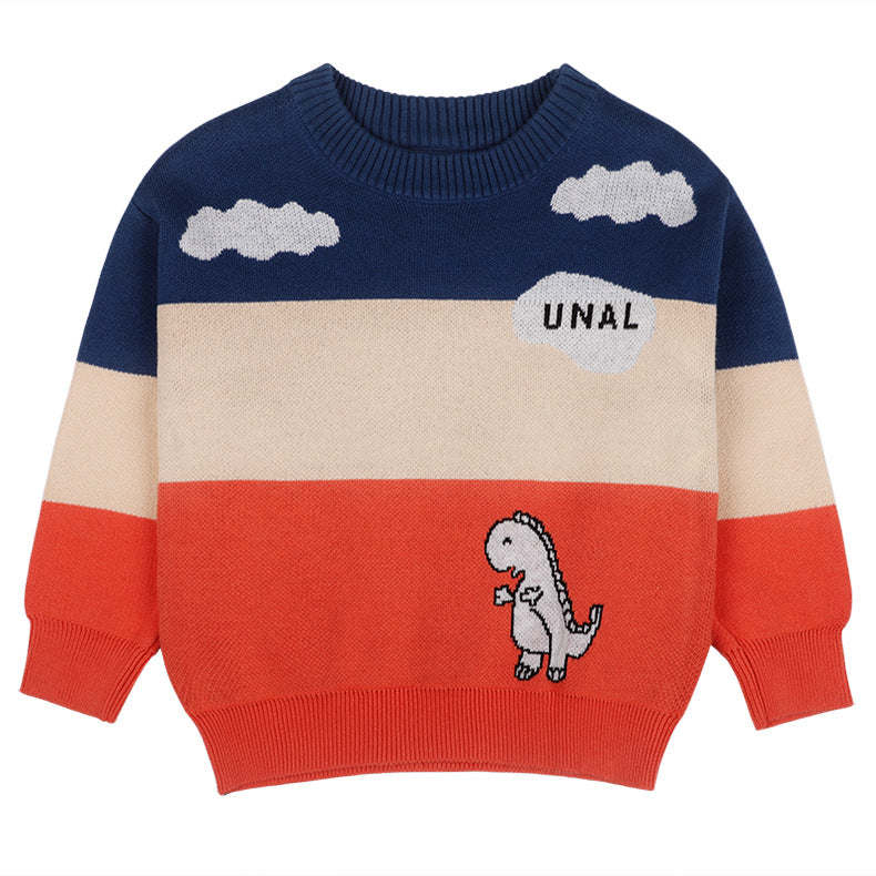 Baby Boy Little Dinosaur Graphic Colorblock Design Long Sleeves Knit Sweater