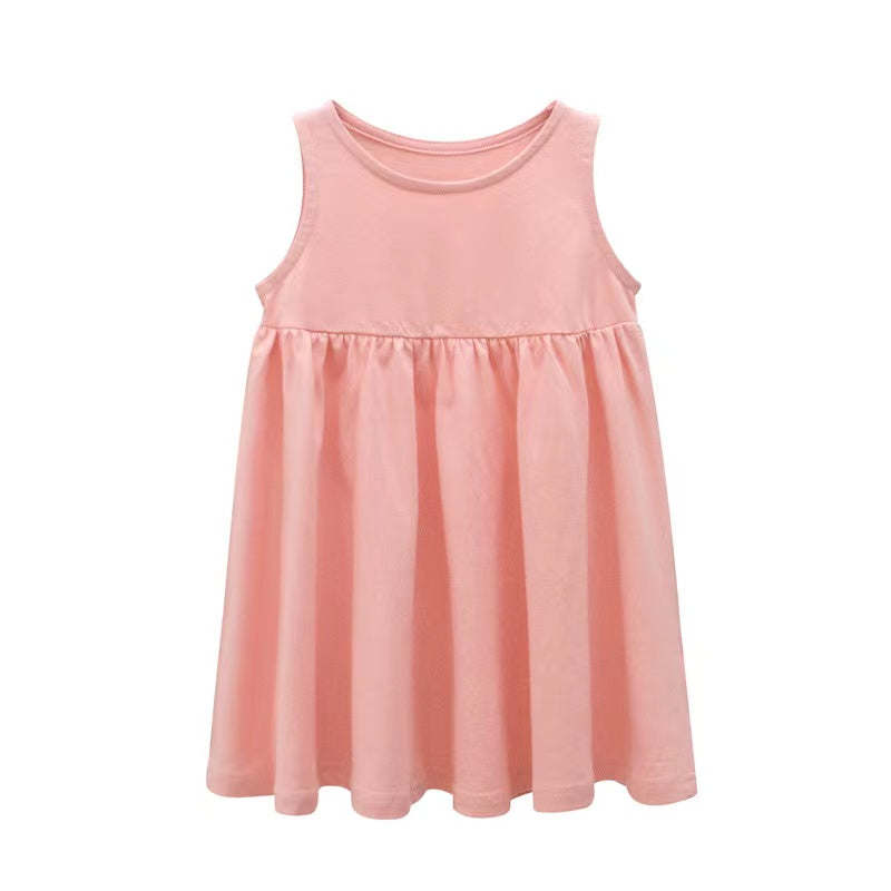 Baby Girls Solid Round Collar Design Sleeveless Dress In Summer