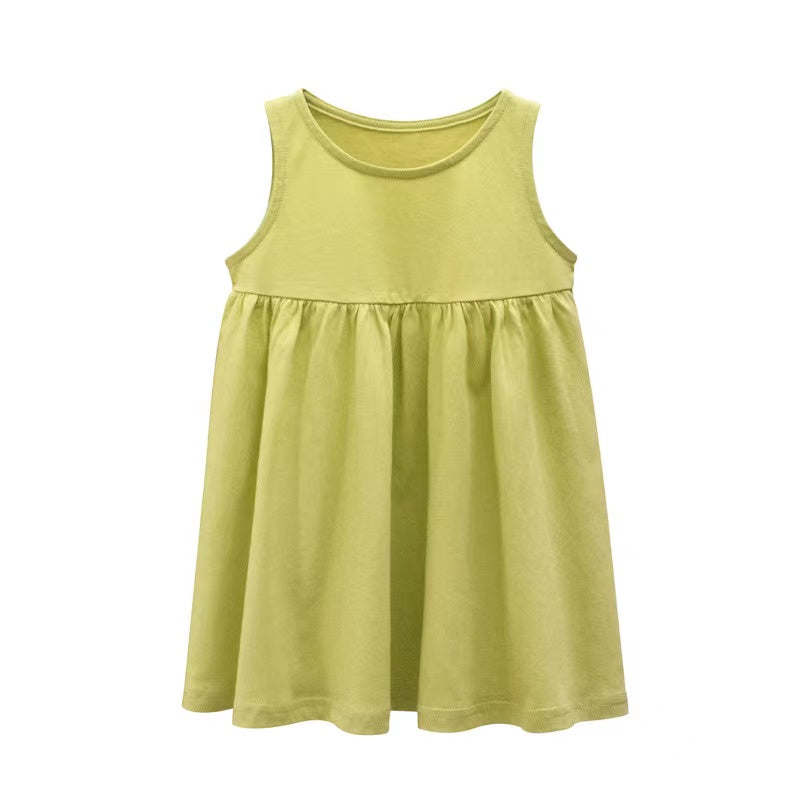 Baby Girls Solid Round Collar Design Sleeveless Dress In Summer