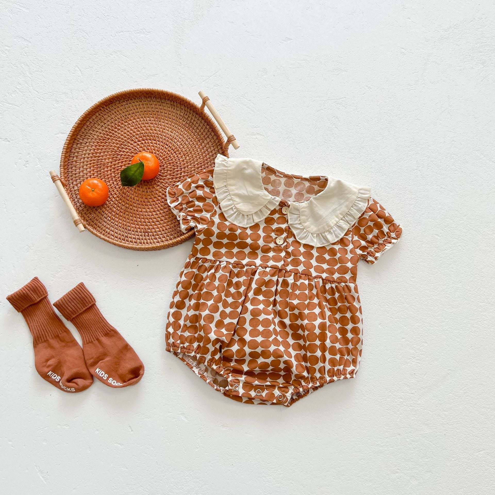 Baby Girl Dot Print Lapel Collar Short-Sleeved Onesies In Summer
