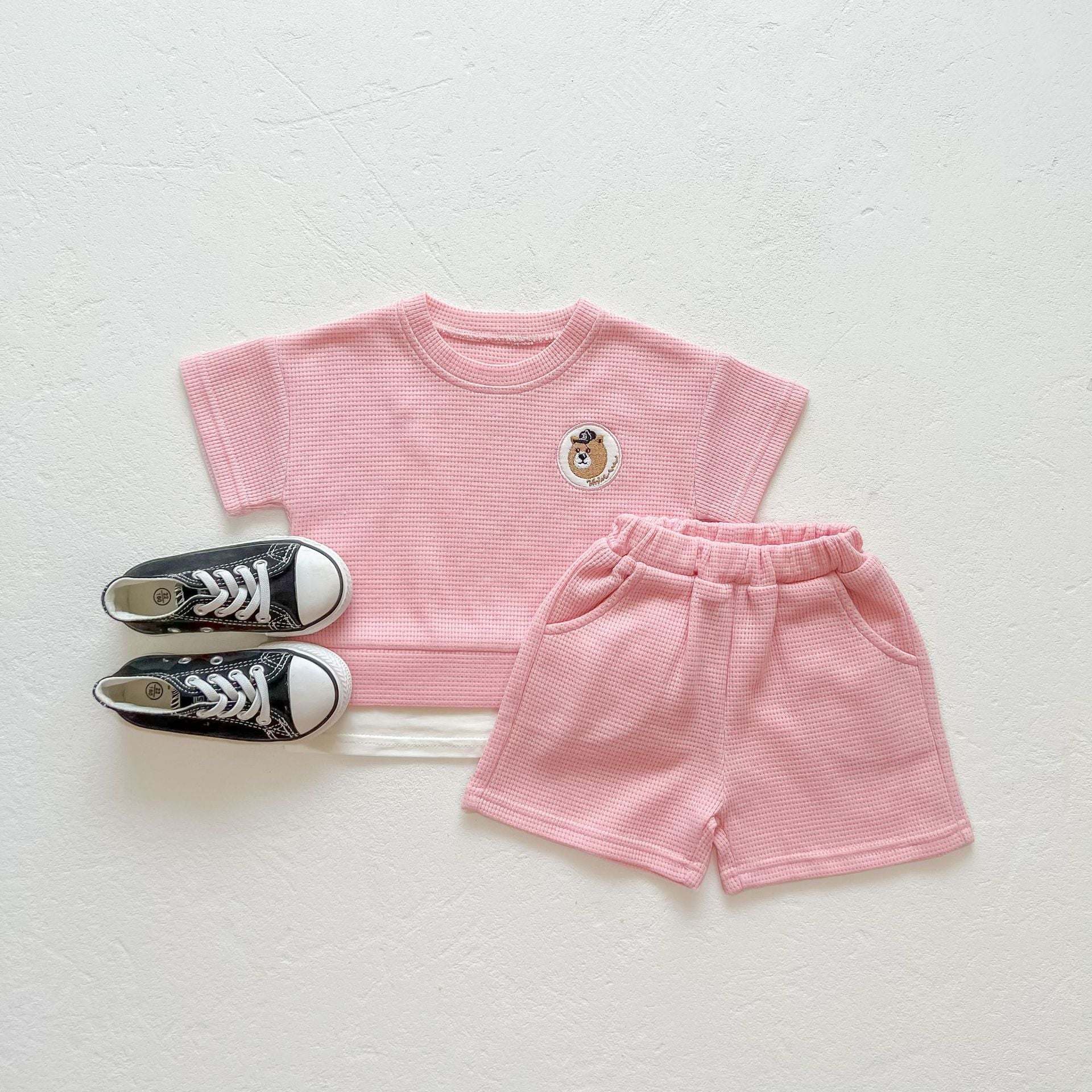 Baby Boys And Girls Bear Print Pattern Solid Color Design Round Neck Short-Sleeved Top Combo Shorts Sets