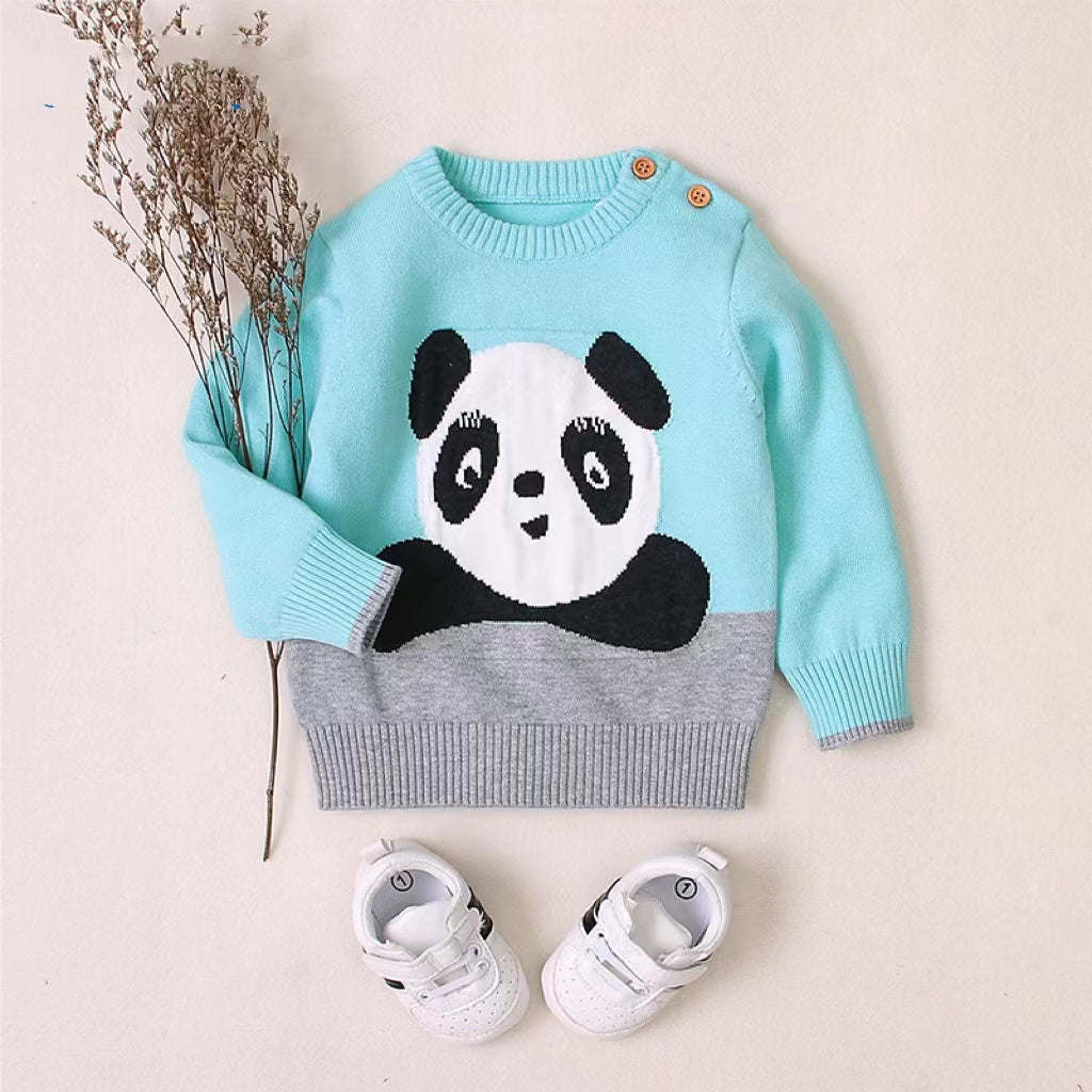 Baby Cartoon Panda Embroidered Pattern Contrast Design Cute Sweater