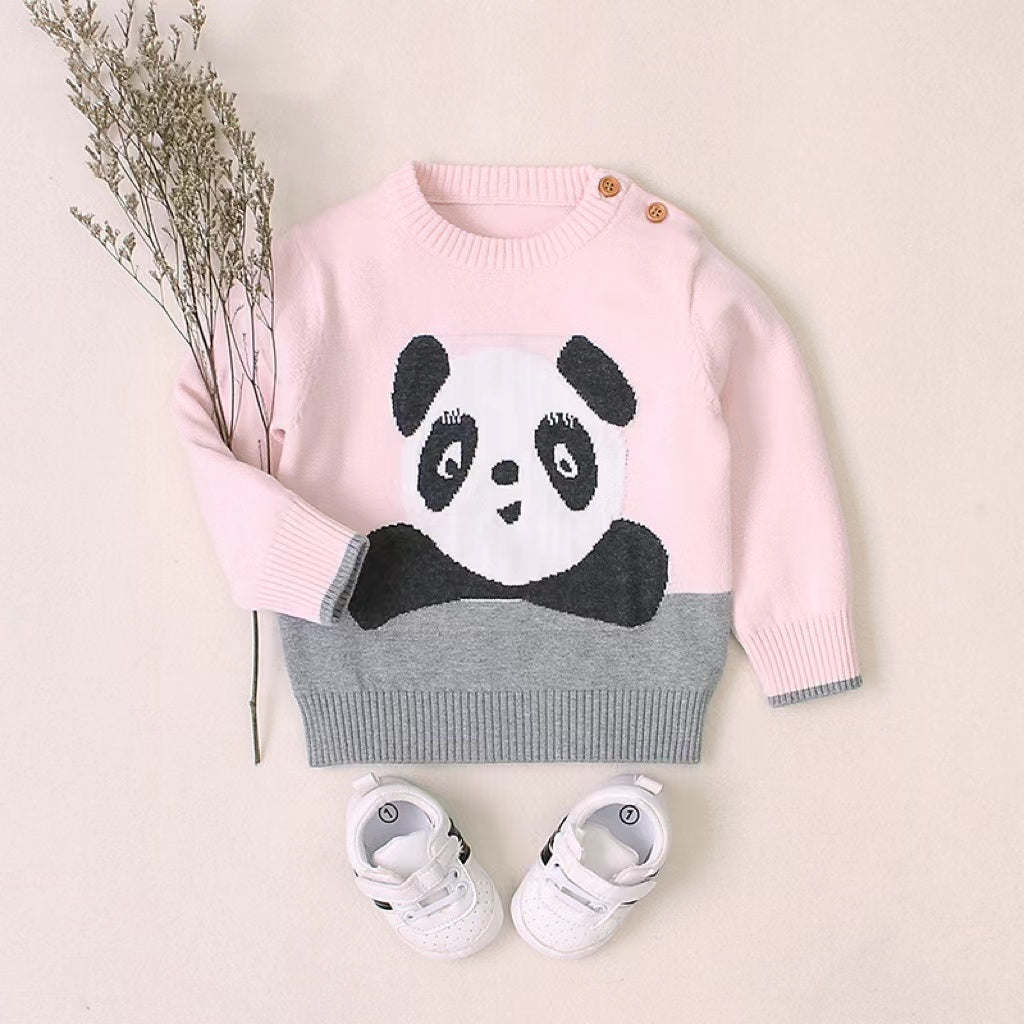 Baby Cartoon Panda Embroidered Pattern Contrast Design Cute Sweater