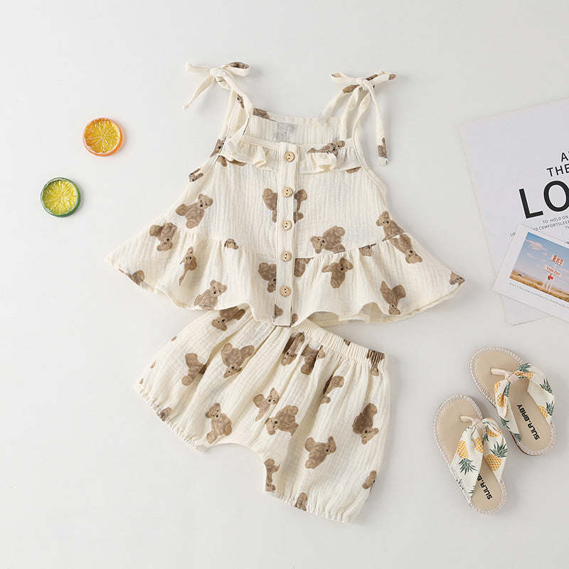 Baby Girl Small-Bear Cartoon Pattern Flounce Design Sleeveless 1-Pieces Set
