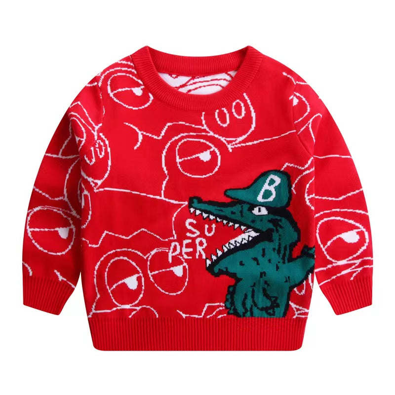 Baby Boy 1pcs Cartoon Dinosaur Embroidered Pattern Fleece Warm Sweater