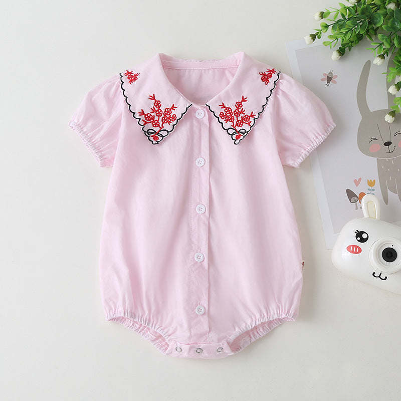 Baby Girl Embroidered Pattern Bubble Sleeve Design Short-Sleeved Cardigan Onesies