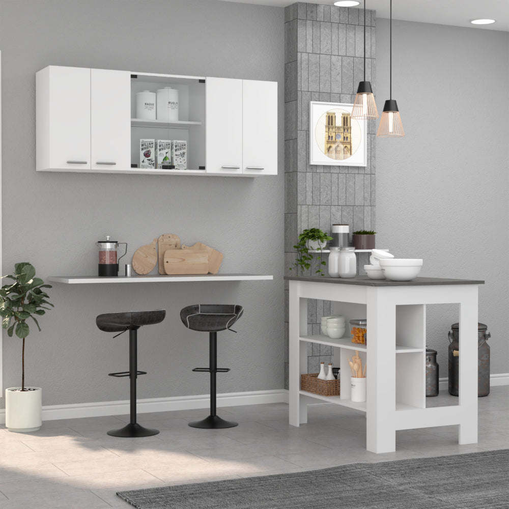 Norfolk 2 Piece Kitchen Set, Kitchen Island + Upper Wall Cabinet , White /Walnut
