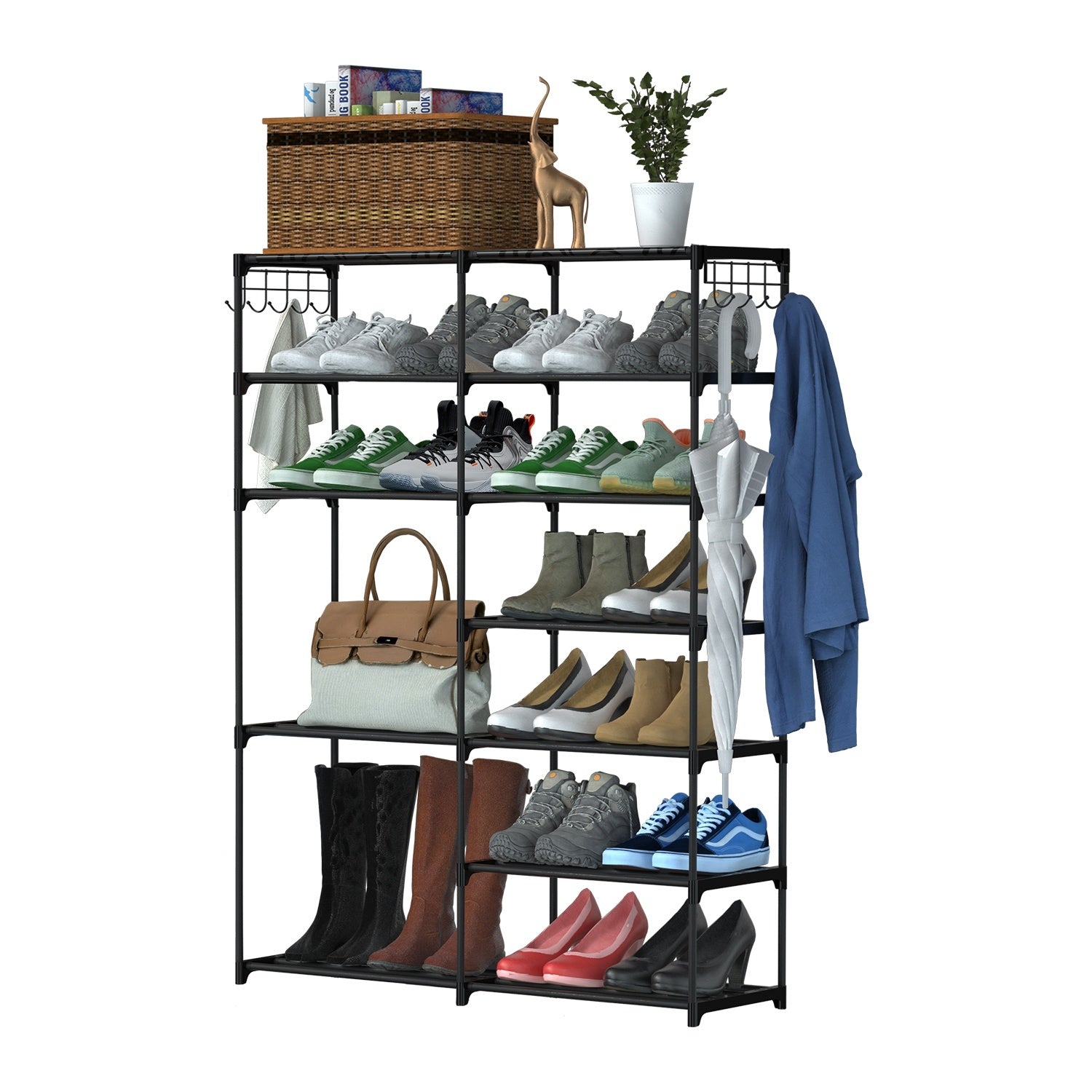 7 Tiers Plus 5 Tiers Shoe Rack Metal Shoe Storage Shelf Free Standing Large Shoe Stand 24+ Pairs Shoe Tower Unit Tall Shoe Organizer with 2 Hooks for Entryway Closet Garage Bedroom