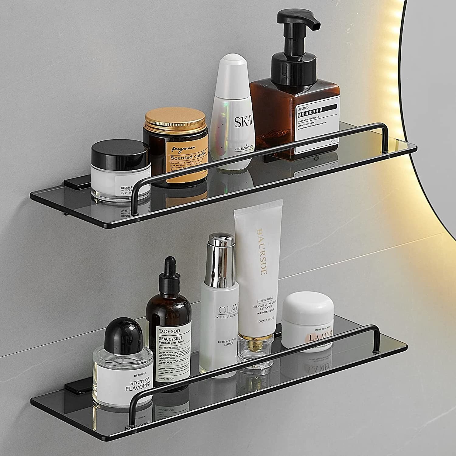 Glass Shelf for Bathroom 15.7in Bathroom Shelves Wall Mounted Tempered Glass Shelf with Rail Floating Shelves Bathroom Glass Shower Shelf