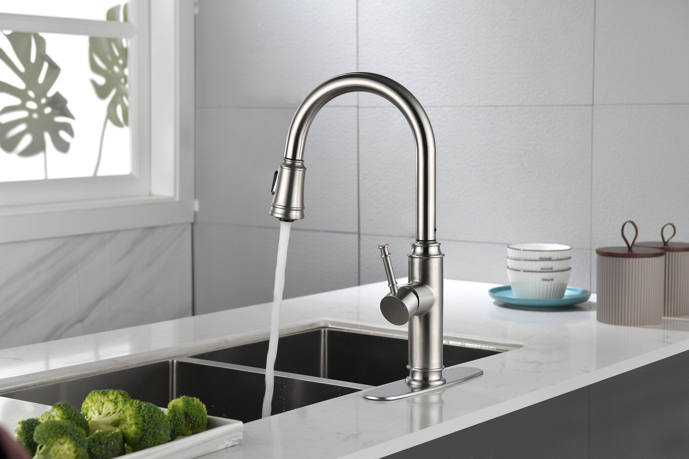 Single Handle High Arc Pull Out Kitchen Faucet,Single Level Stainless Steel Kitchen Sink Faucets with Pull Down Sprayer