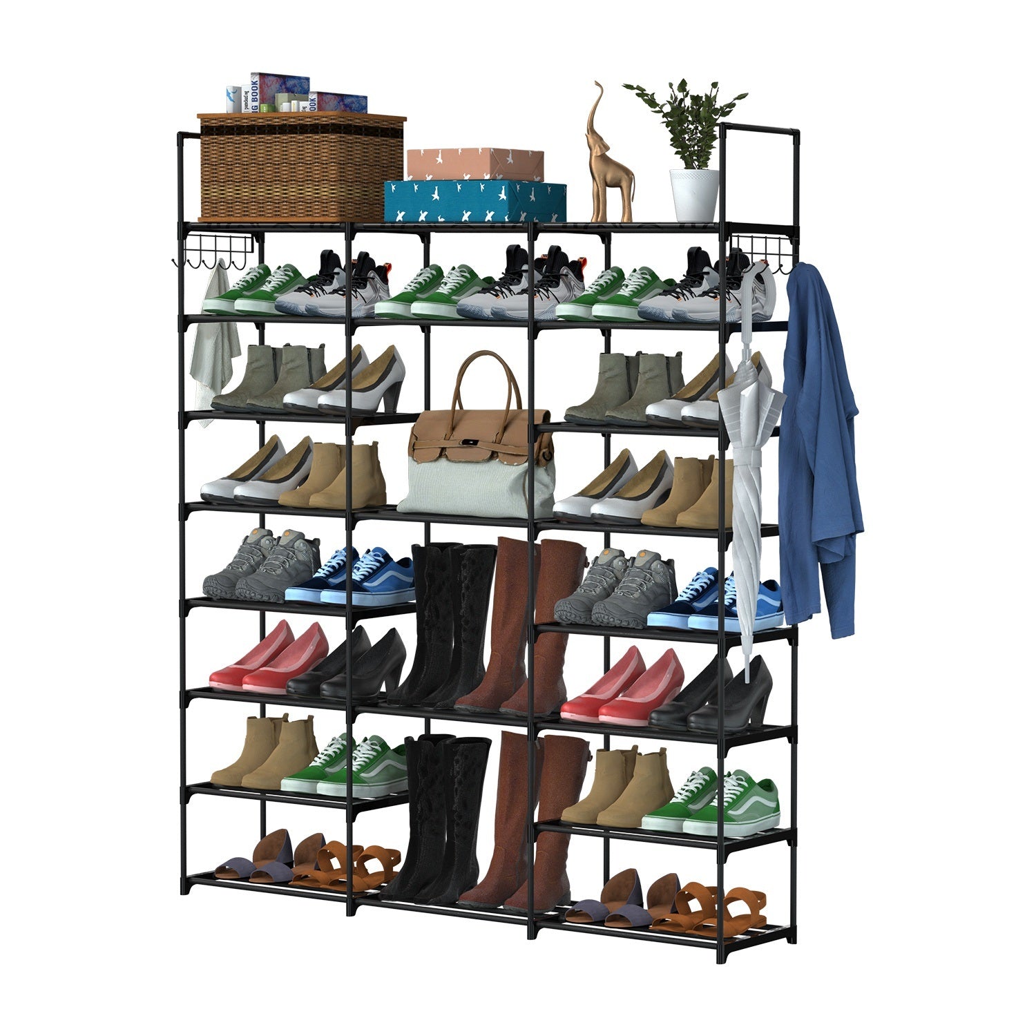 8-Tier 3-Row Shoe Rack Metal Shoe Storage Shelf Free Standing Large Shoe Stand 42 Pairs Shoe Tower Unit Tall Shoe Organizer with 2 Hooks for Entryway Closet Garage Bedroom