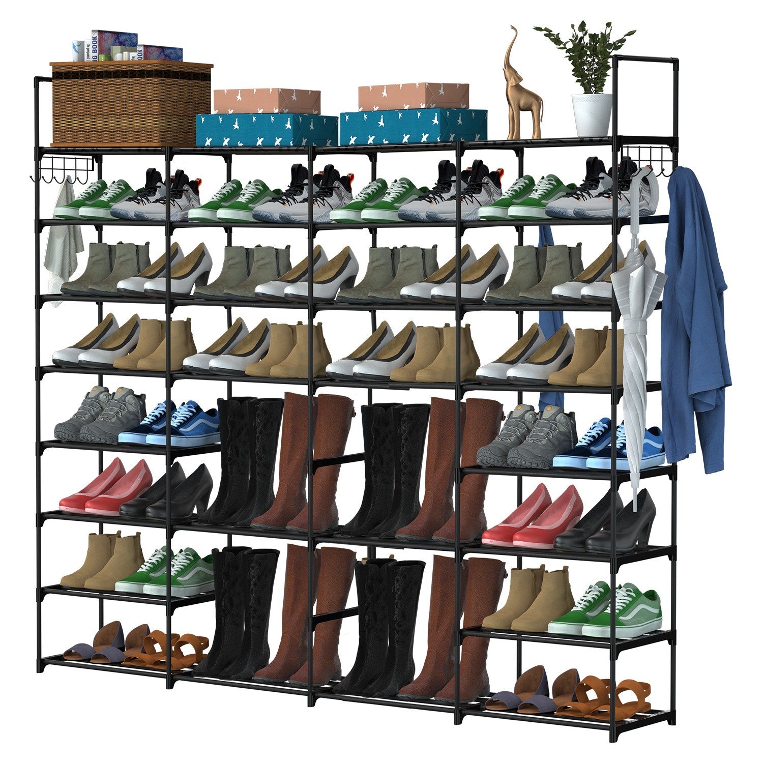 8-Tier 4-Row Shoe Rack Metal Shoe Storage Shelf Free Standing Large Shoe Stand 56 Pairs Shoe Tower Unit Tall Shoe Organizer with 2 Hooks for Entryway Closet Garage Bedroom