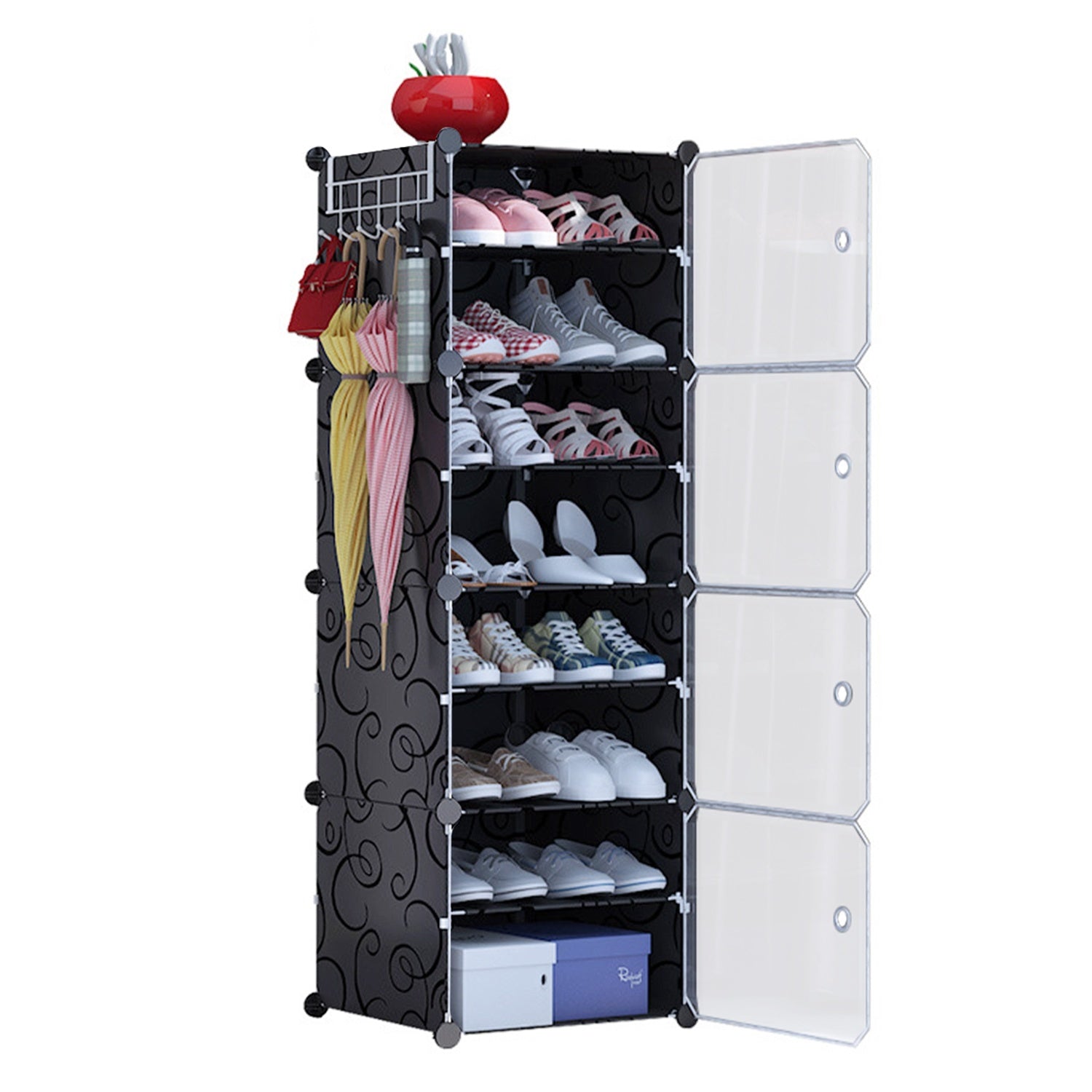 8-Tier Shoe Rack Organizer Stackable Free Standing Shoe Storage Shelf Plastic Shoe Cabinet Tower with Transparent Doors for Heels Boots Slippers Entryway Hallway Bedroom