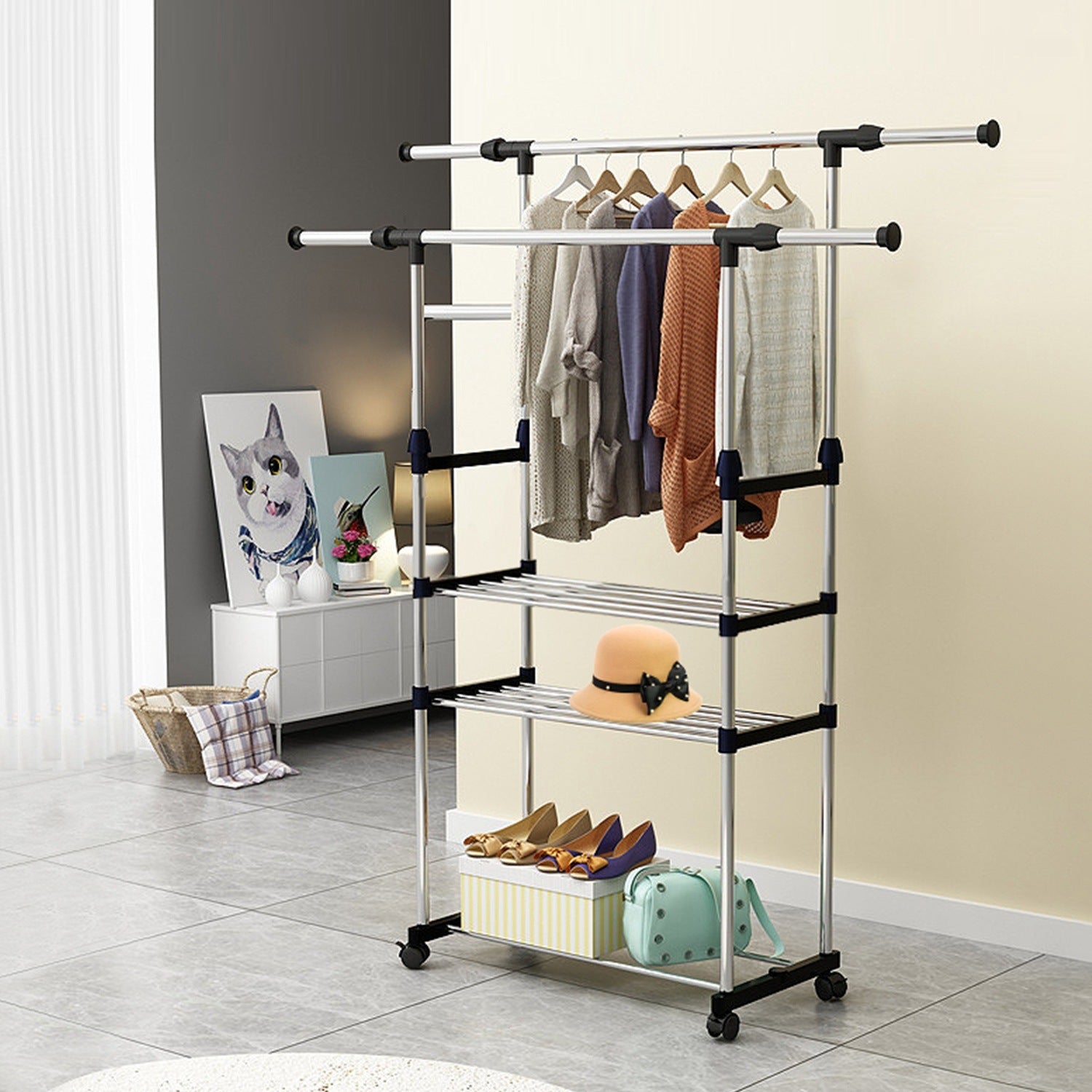 Extendable Garment Hanging Rack Clothing Hanging Rail Pillow Shoe Display Organizer with Rolling Wheels Hold up to 77LBS