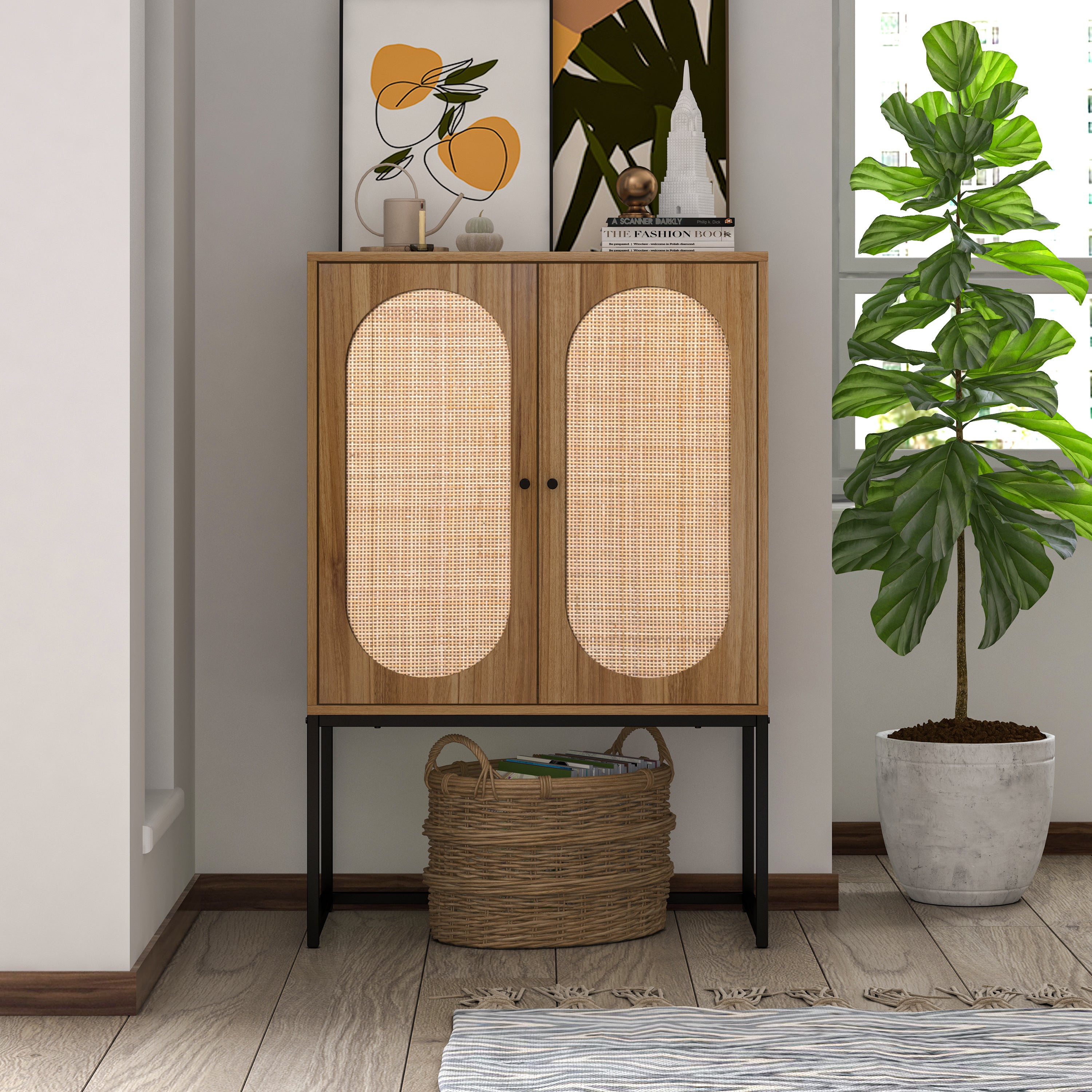 2 Door high cabinet, rattan, Built-in adjustable shelf, Easy Assembly, Free Standing Cabinet for Living Room Bedroom