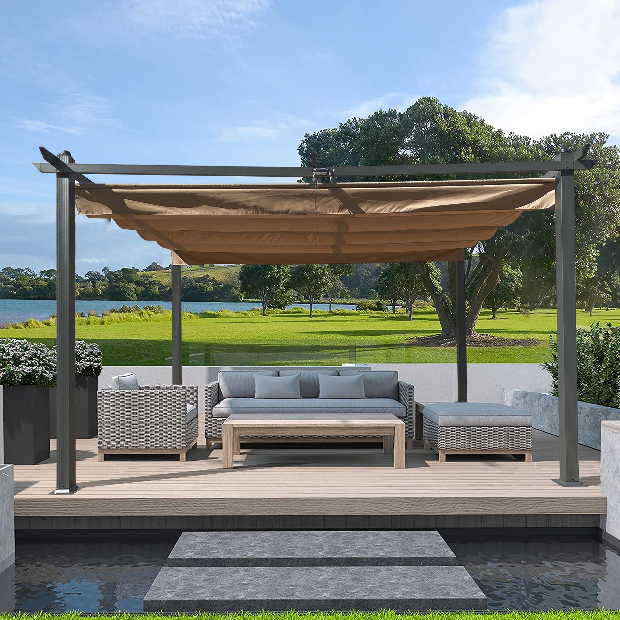 13x10 Ft Outdoor Patio Retractable Pergola With Canopy Sunshelter Pergola for Gardens; Terraces; Backyard