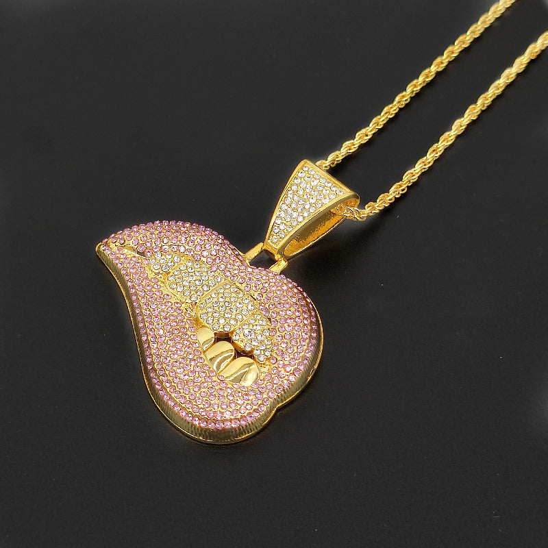 Men's hip-hop full drill three-dimensional big lip pendant necklace full of drill pink lip cool hip-hop Cuban chain pendant goth