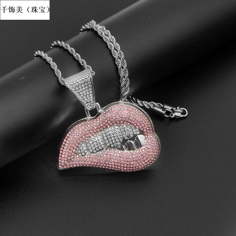 Men's hip-hop full drill three-dimensional big lip pendant necklace full of drill pink lip cool hip-hop Cuban chain pendant goth