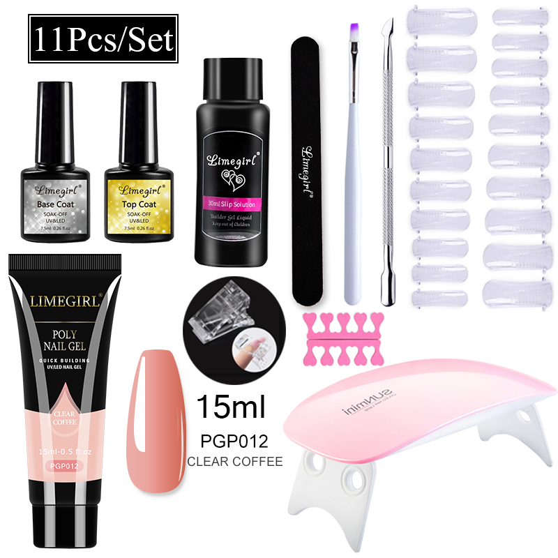 Limegirl Poly Nail Gel Set Manicure Set Gel Cuticle Pusher Finger Extend Mold Nail Kit All For Quick Extension Manicure Set With Nail Uv Lamp Top Coat And Base Coat