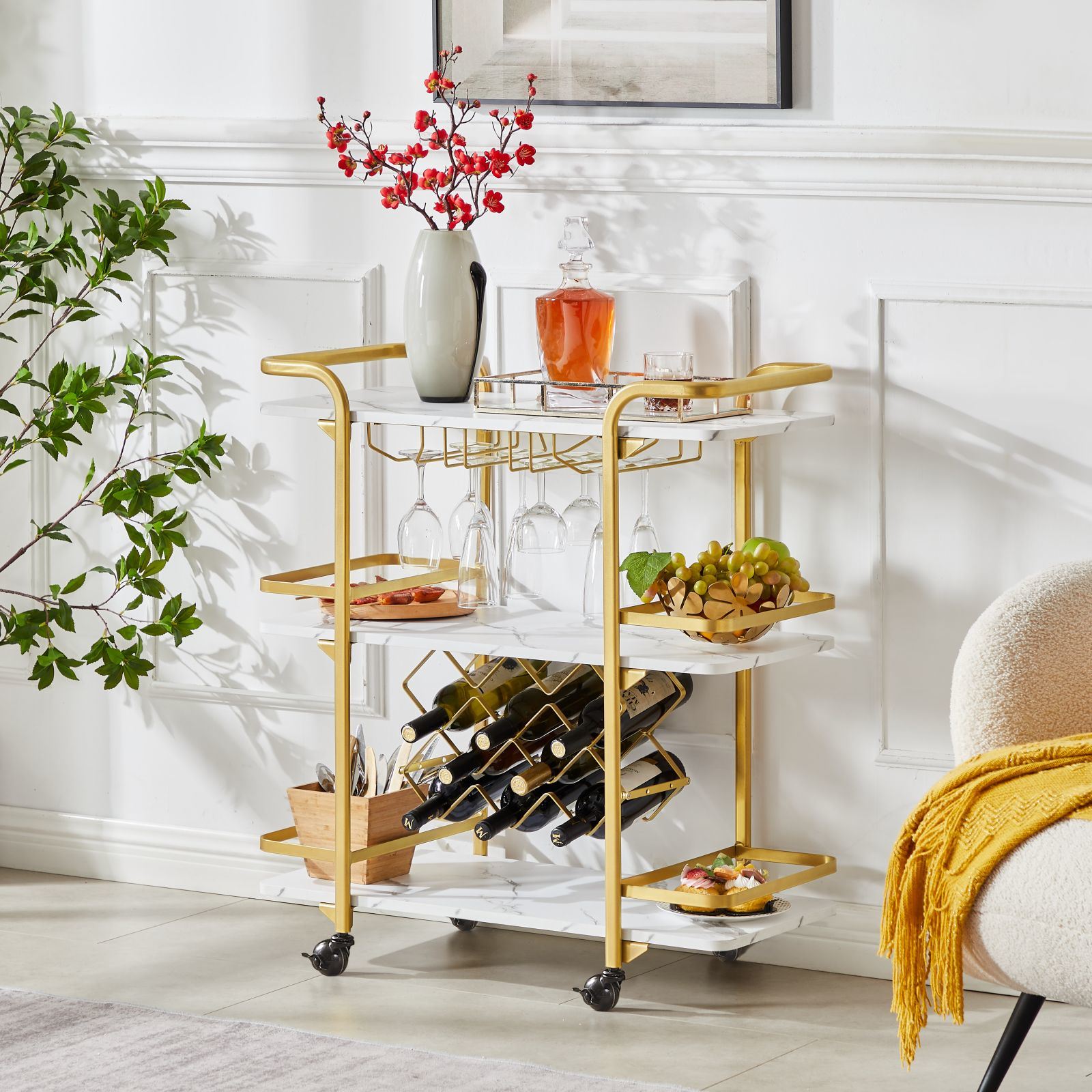 Drinks Trolley Cart with Rolling Wheels Hotel Serving Cart with Wine and Glass Holders Bar Carts