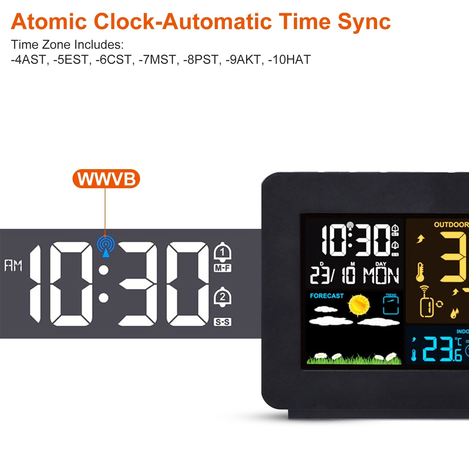 Atomic Projection Alarm Clock Radio Control Clock with WWVB Function Weather Station Dual Alarms Snooze Outdoor Wireless Temperature Humidity Sensor