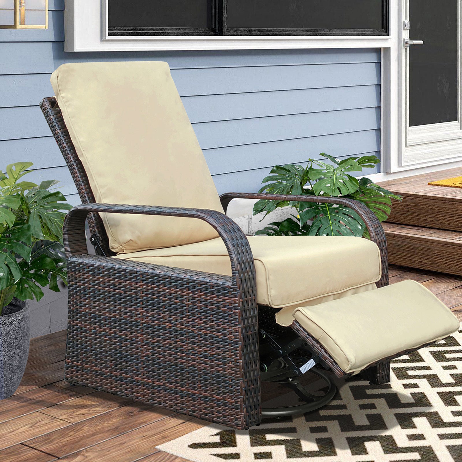 Outdoor Patio Rattan Wicker Swivel Recliner Chair;  Adjustable Reclining Chair 360° Rotating with Water Resistant Cushions