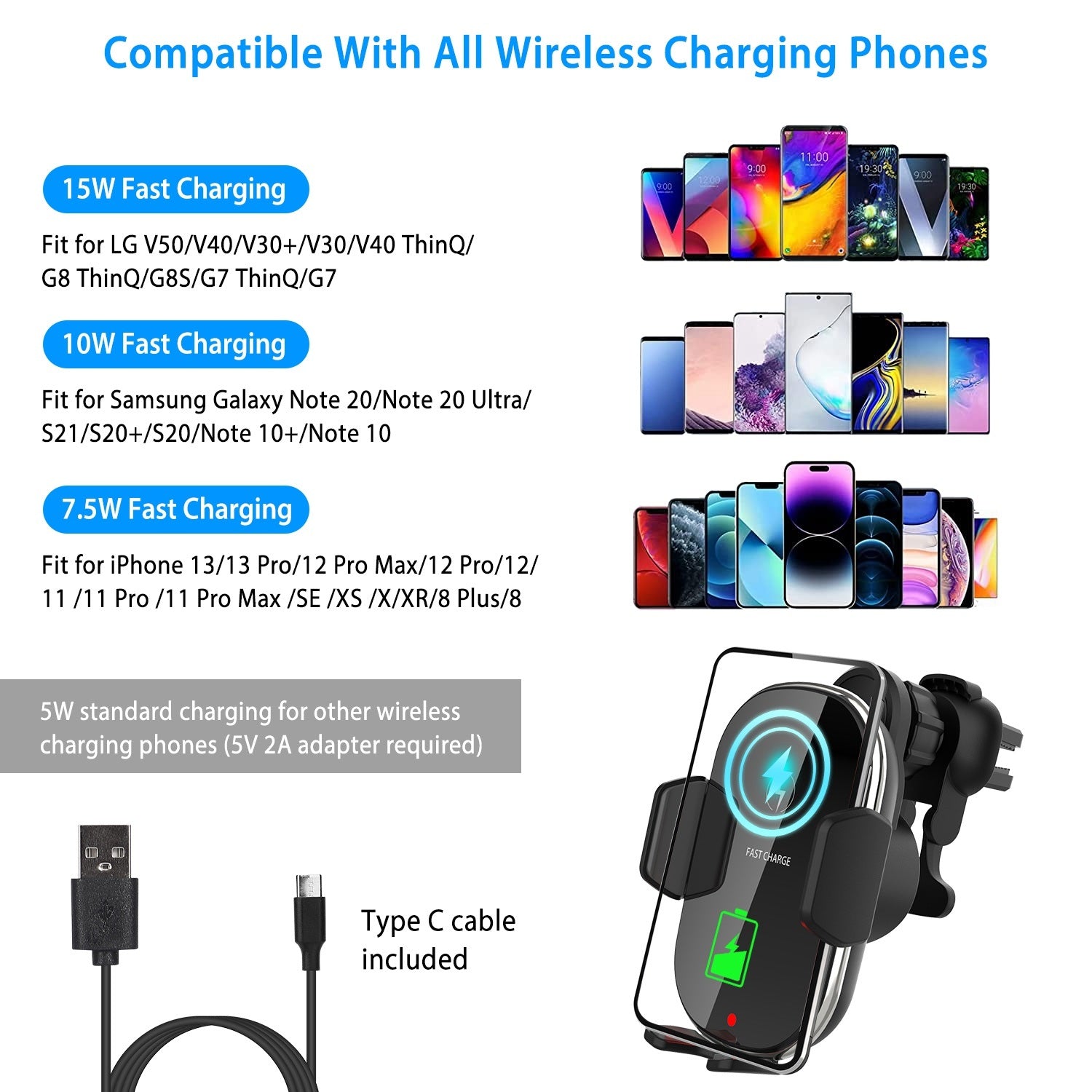 Car Wireless Phone Charger Car Air Vent Phone Mount Holder Bracket Fast Charge 15W 10W 7.5W Automatic Clamping Fit for iPhone 13 13Pro Max 12 Pro Max 