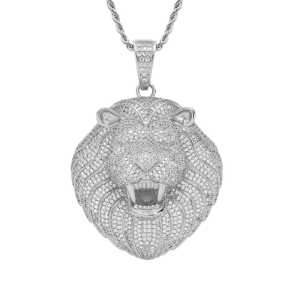 Mens 14K Gold Plated Hip-Hop Lion Head Cz Pendant 24" Rope Chain Necklace