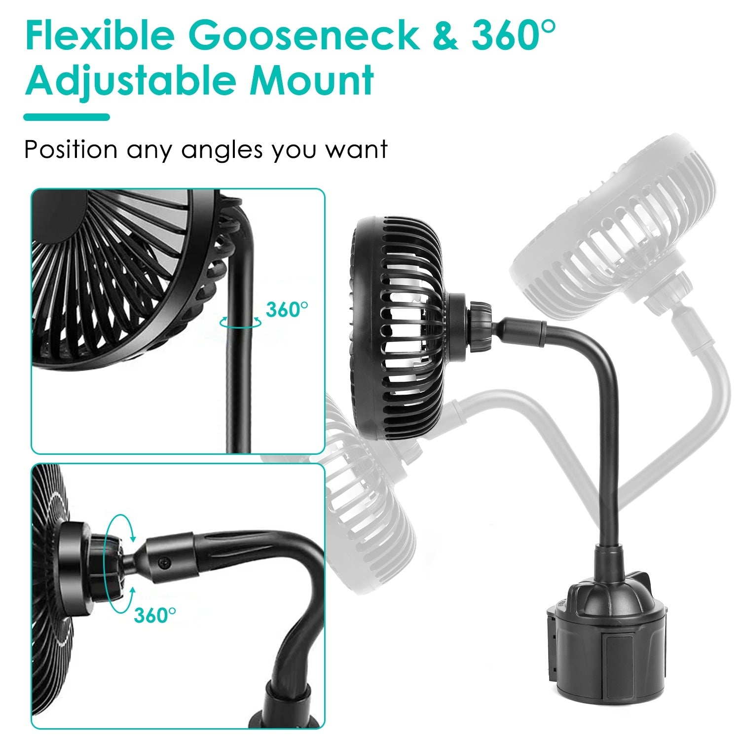 Car Cooling Fan Portable Car Cup Holder Fan Adjustable Gooseneck Fan with 3 Speeds for Car Van Truck SUV RV