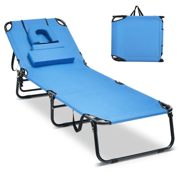 Beach Chaise Lounge Chair with Face Hole and Removable Pillow