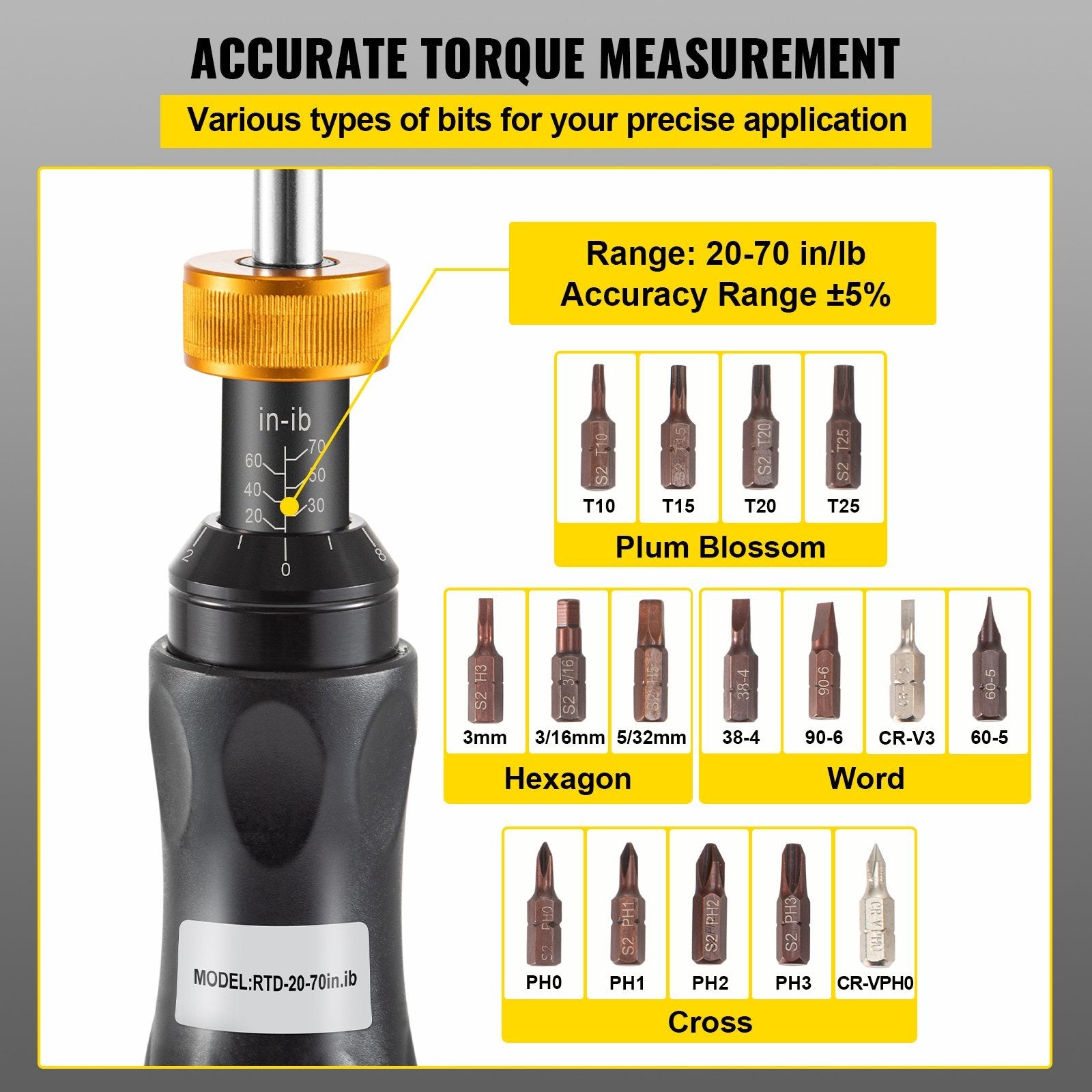 VEVOR Torque Screwdriver; 1/4" Drive Screwdriver Torque Wrench; Torque Screwdriver Electrician 20-70 in/lbs Torque Range Accurate to ±5%; Adjustable i