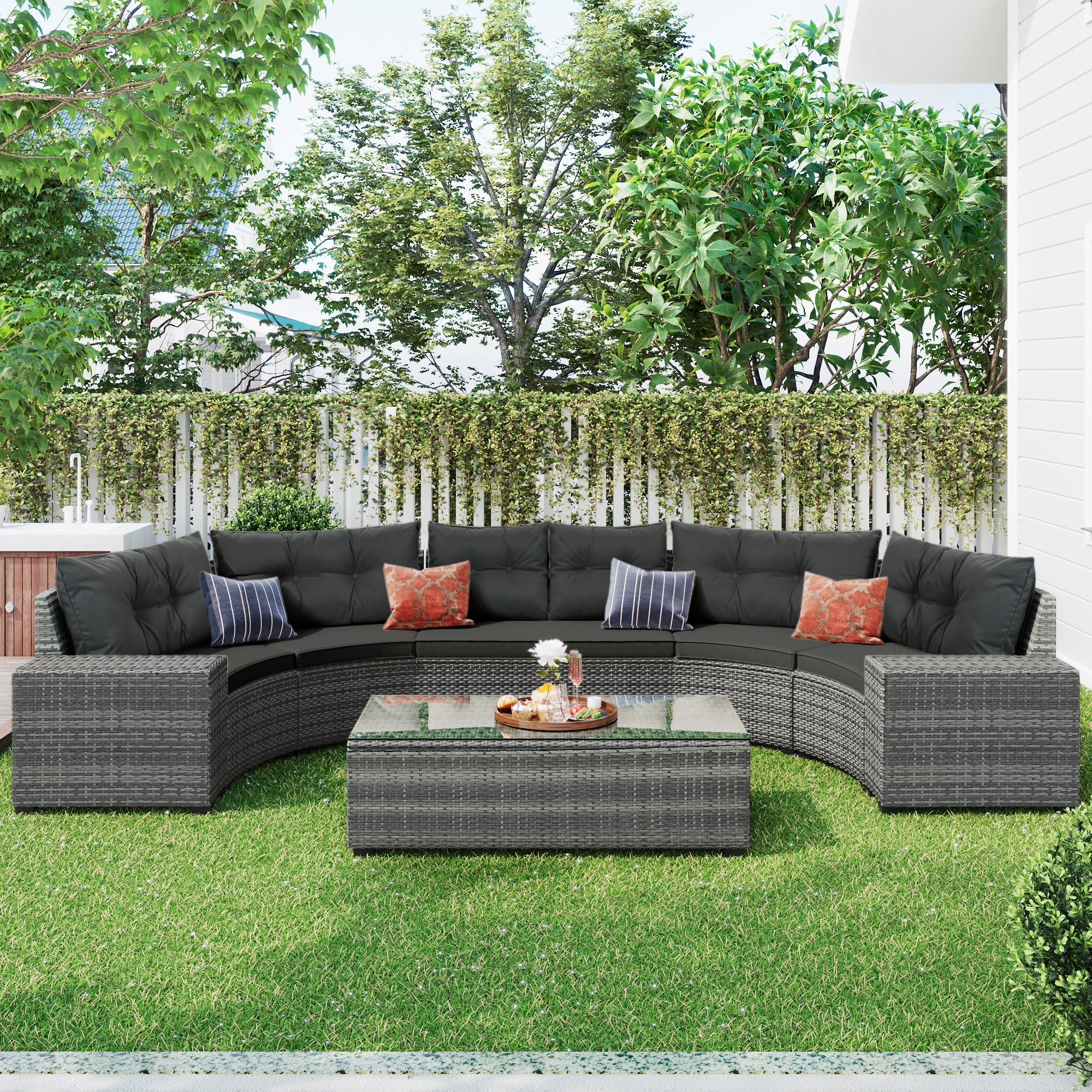 8-pieces Outdoor Wicker Round Sofa Set;  Half-Moon Sectional Sets All Weather;  Curved Sofa Set With Rectangular Coffee Table;  PE Rattan Water-resistant and UV Protected;  Movable Cushion