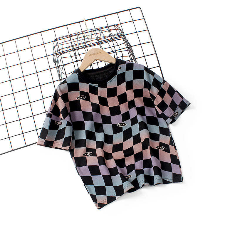 Baby Boy Checkerboard Pattern Short Sleeve Crewneck Tee