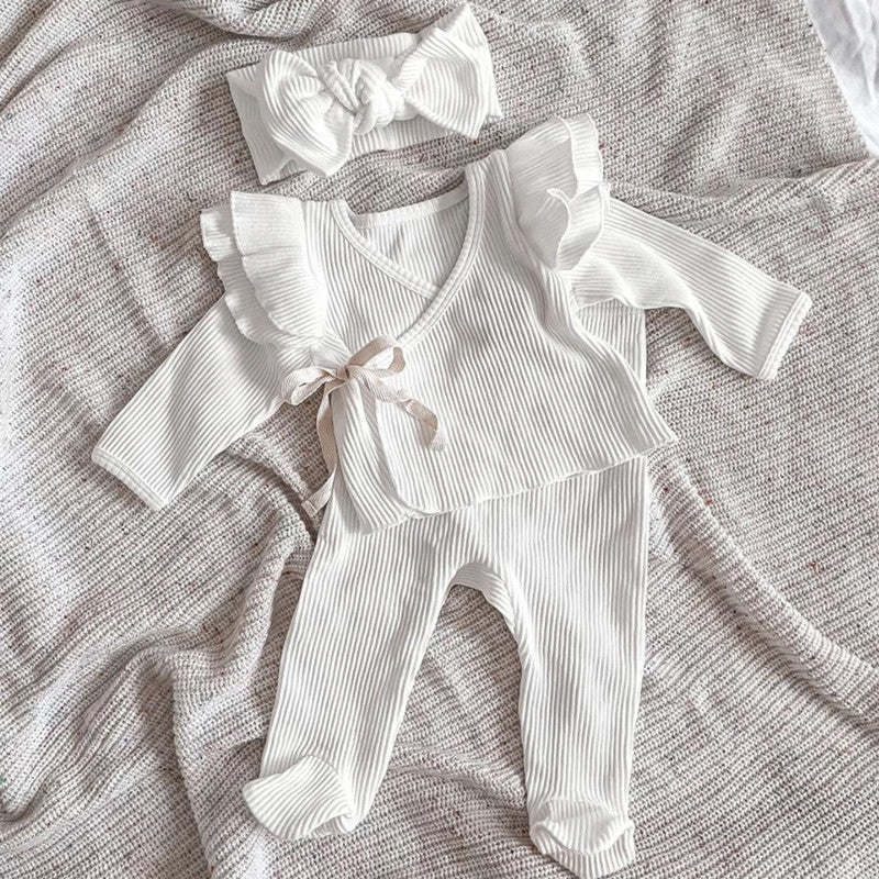 Baby Girl Solid Color Pure Cotton Long Sleeve Tops With Pants Sets