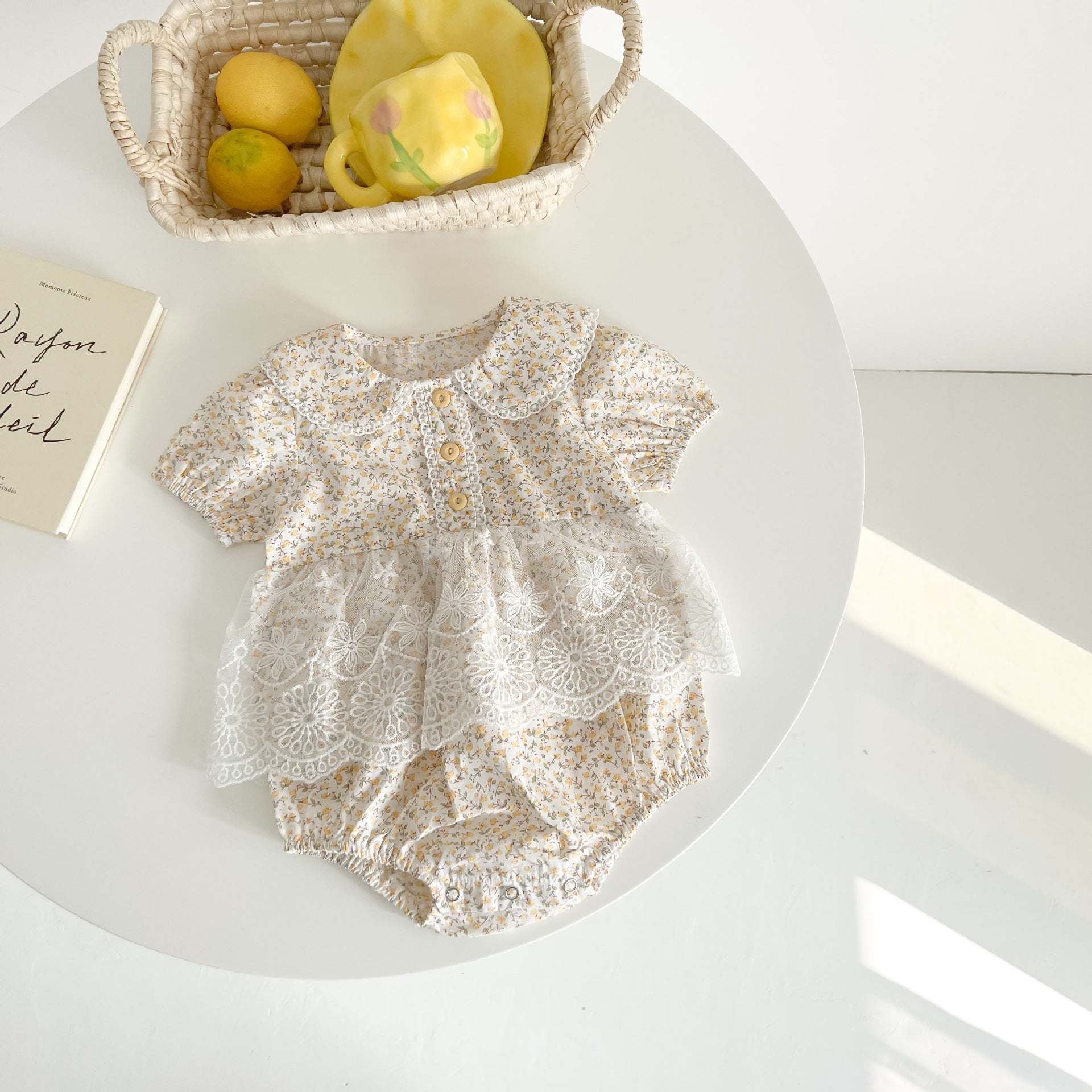 Baby Girl Floral Pattern Mesh Patched Design Princess Onesies Dress