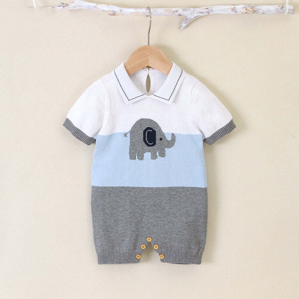 Baby Boy 1pcs Elephant Embroidered Graphic Contrast Design Crotch Romper