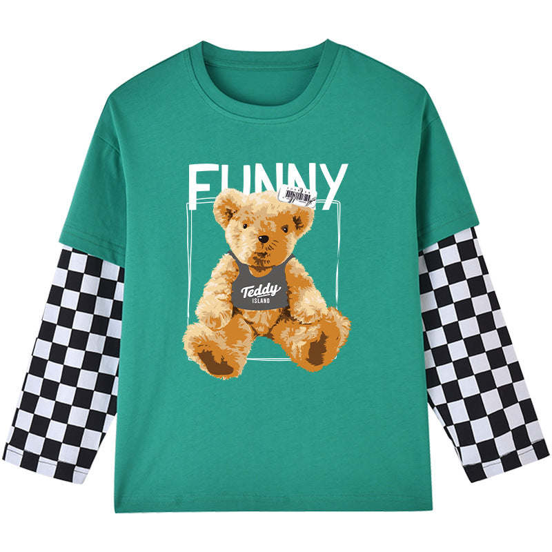 Baby Boy Bear Graphic Checkerboard Sleeve Patchwork Design Shirt