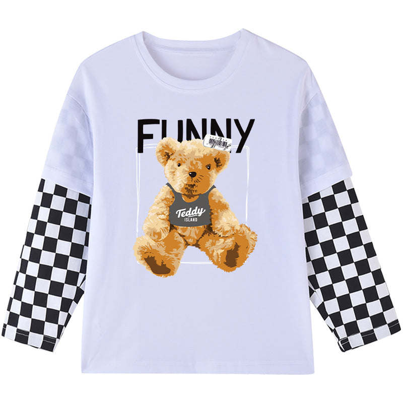 Baby Boy Bear Graphic Checkerboard Sleeve Patchwork Design Shirt