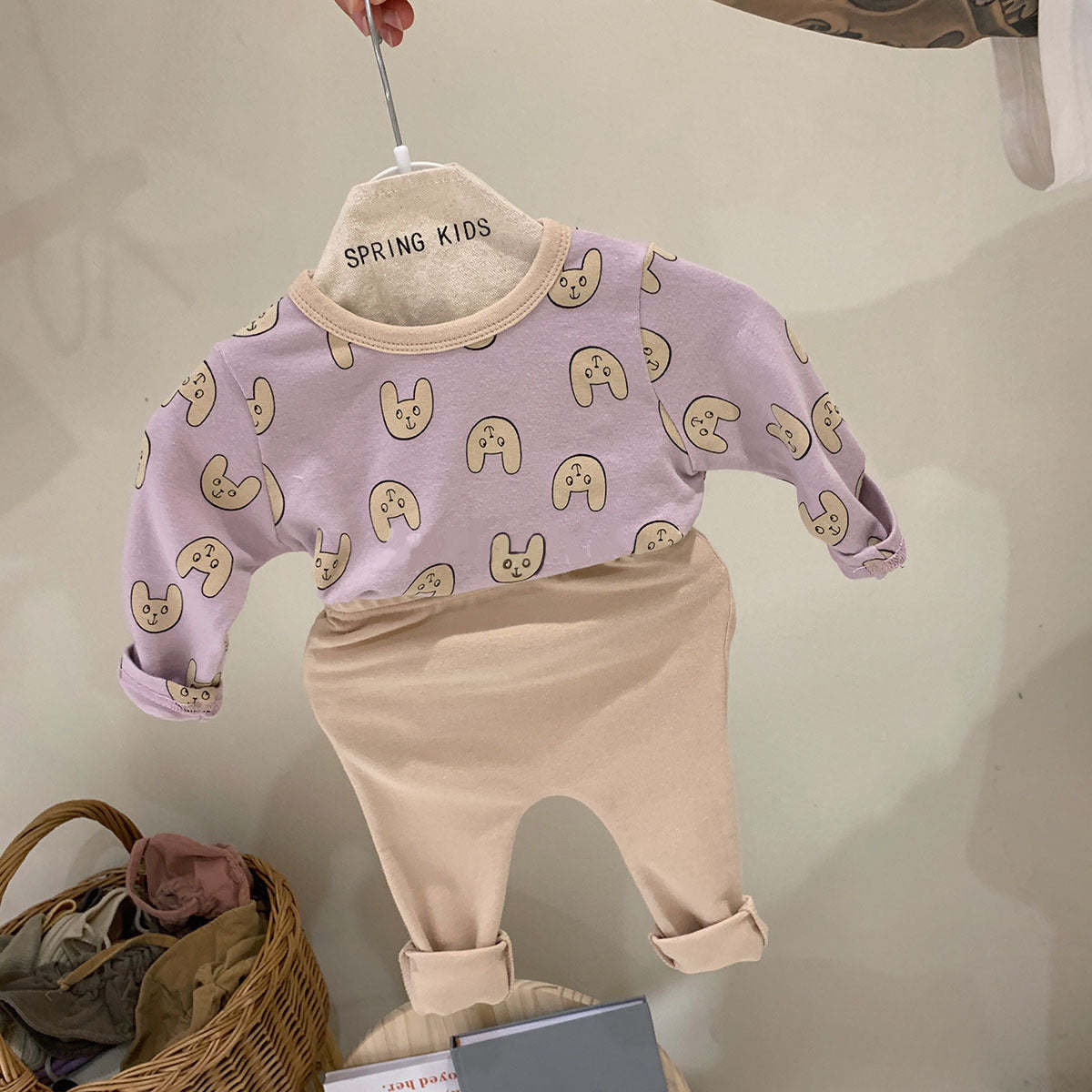 Baby 1pcs Cartoon Funny Cat Pattern Shirt Combo Solid Pants Tracksuit Sets