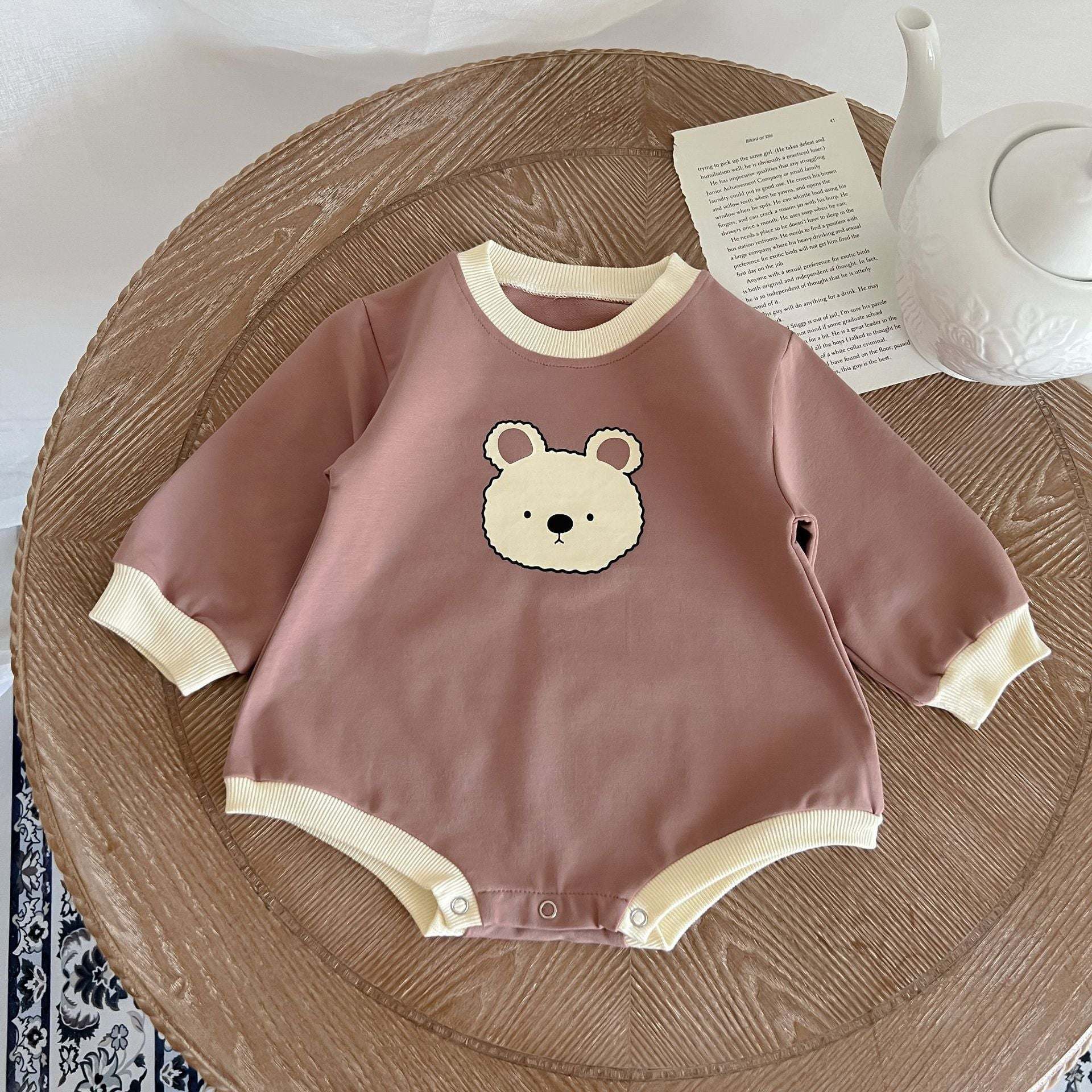 Baby Girl Cartoon Bear Print Pattern Long Sleeve Triangle Bodysuit