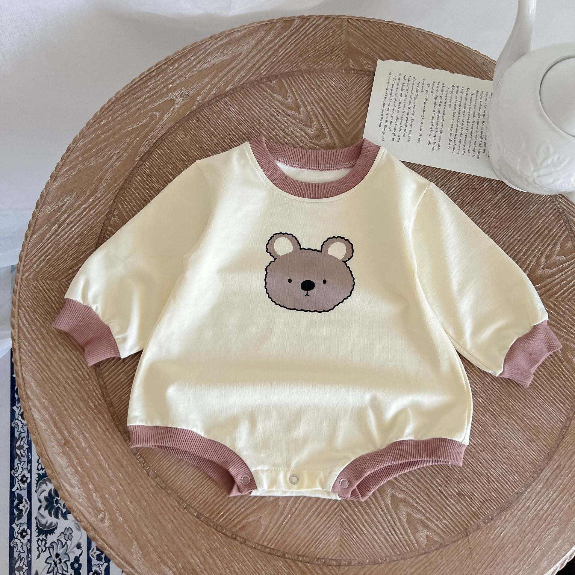 Baby Girl Cartoon Bear Print Pattern Long Sleeve Triangle Bodysuit