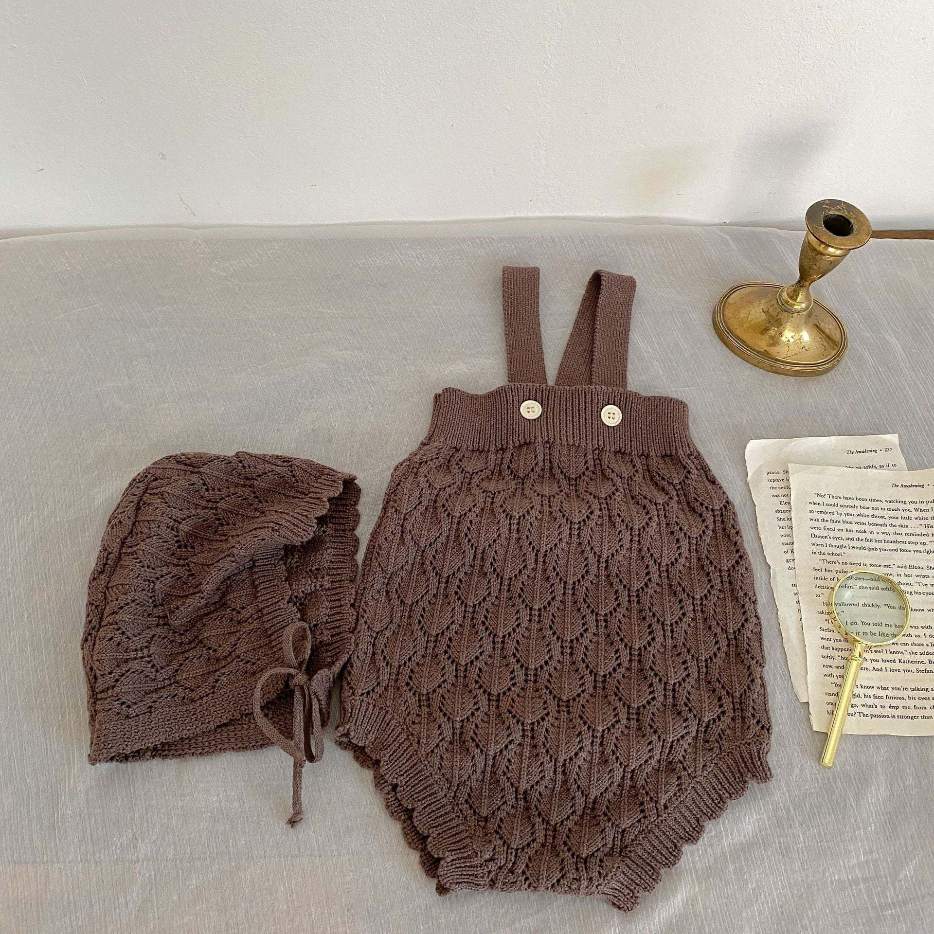 Baby Solid Color Hollow Carved Design Onesies With Hats