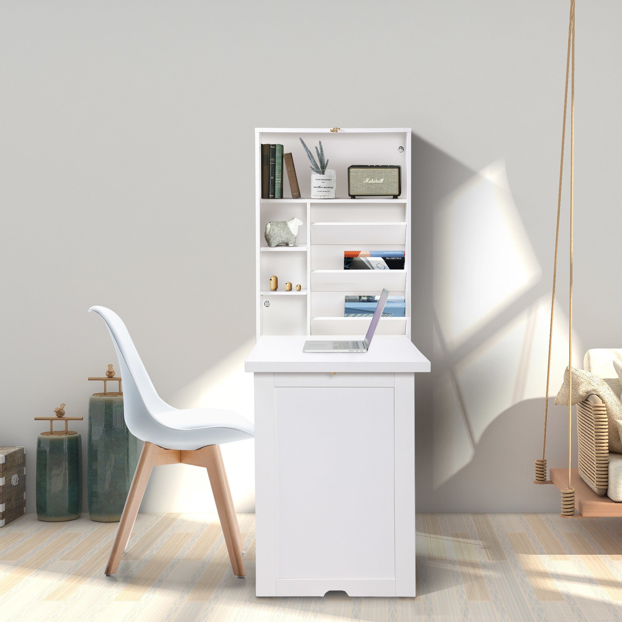 Modern Compact Wood Wall Mounted Folding Desk Cabinet Convertible Writing Desk for Home Office with Storage;  White